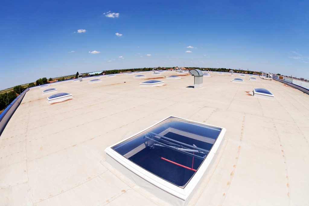 Flat roof with skylight and hydro insulation membranes